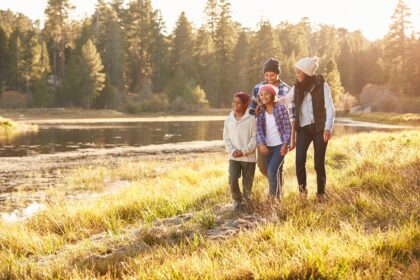 African American Family Walking By Lake
